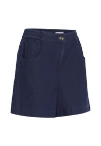 Short en coton bleu marine avec ceinture élastique, fermeture devant par boutons et deux poches latérales, conçu pour un usage décontracté.