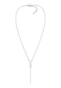 Sølv halskæde med kæde-design, der har tre geometriske former hængende lodret og en lariat-stil dråbe. Justerbar længde.
