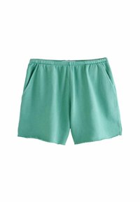 Pantaloni corti di cotone verde chiaro con un elastico in vita, tasche laterali e orlo grezzo. Design semplice, texture morbida.