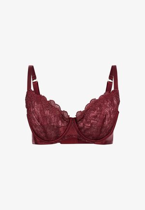 Bordová čipkovaná podprsenka s vlnitými okrajmi, s výstužou a hladkým saténovým pásom. Nastaviteľné ramienka so zlatými akcentmi.