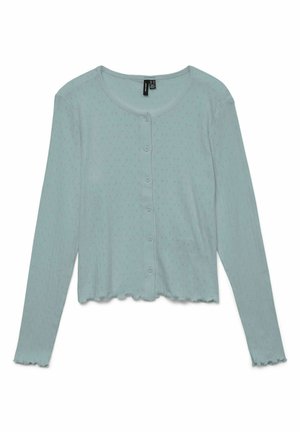 Cardigan bleu clair à manches longues avec boutons, ourlet festonné et motif à petits points subtils, col rond et texture en tissu côtelé.