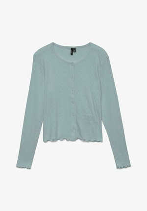 Jasnoniebieski, zapinany na guziki kardigan z długim rękawem, z falowanym brzegiem, subtelnym kropkowanym wzorem, okrągłym dekoltem i prążkowaną fakturą materiału.