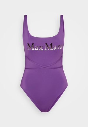 Maillot de bain une pièce violet avec de larges bretelles et le logo "Max Mara" en lettres métalliques sur la poitrine.