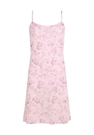 Φωτεινό ροζ αμάνικο φόρεμα με λεπτές τιράντες και διακριτικό πιο σκούρο ροζ λουλουδένιο μοτίβο, με μικρό λευκό λογότυπο στη δεξιά πλευρά.