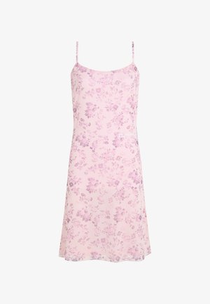 Φωτεινό ροζ αμάνικο φόρεμα με λεπτές τιράντες και διακριτικό πιο σκούρο ροζ λουλουδένιο μοτίβο, με μικρό λευκό λογότυπο στη δεξιά πλευρά.
