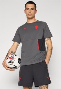 Grå atletisk t-shirt med røde detaljer, med en lynlåslomme og et logo. Sorte shorts med røde detaljer. Spilleren holder en fodbold.