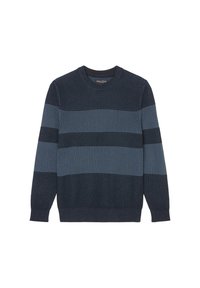 Dunkelblauer Pullover mit horizontalen Streifen in verschiedenen Blautönen. Mit Rundhalsausschnitt, gerippter Textur und langen Ärmeln.