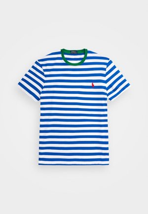 Lyhythihainen t-paita, jossa sinisiä ja valkoisia vaakaraitoja, vihreä kaulus ja punainen Polo Ralph Lauren -logo rinnassa.