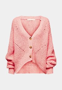 Cardigan tricoté rose avec un col en V, trois boutons et des manches ballons. Présente un motif texturé et un design ouvert sur les côtés.