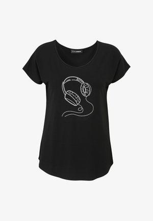 Schwarzes T-Shirt mit kurzen Ärmeln, das ein weißes Strassmotiv von Kopfhörern und Kabel zeigt. Entspannt geschnitten mit Rundhalsausschnitt.