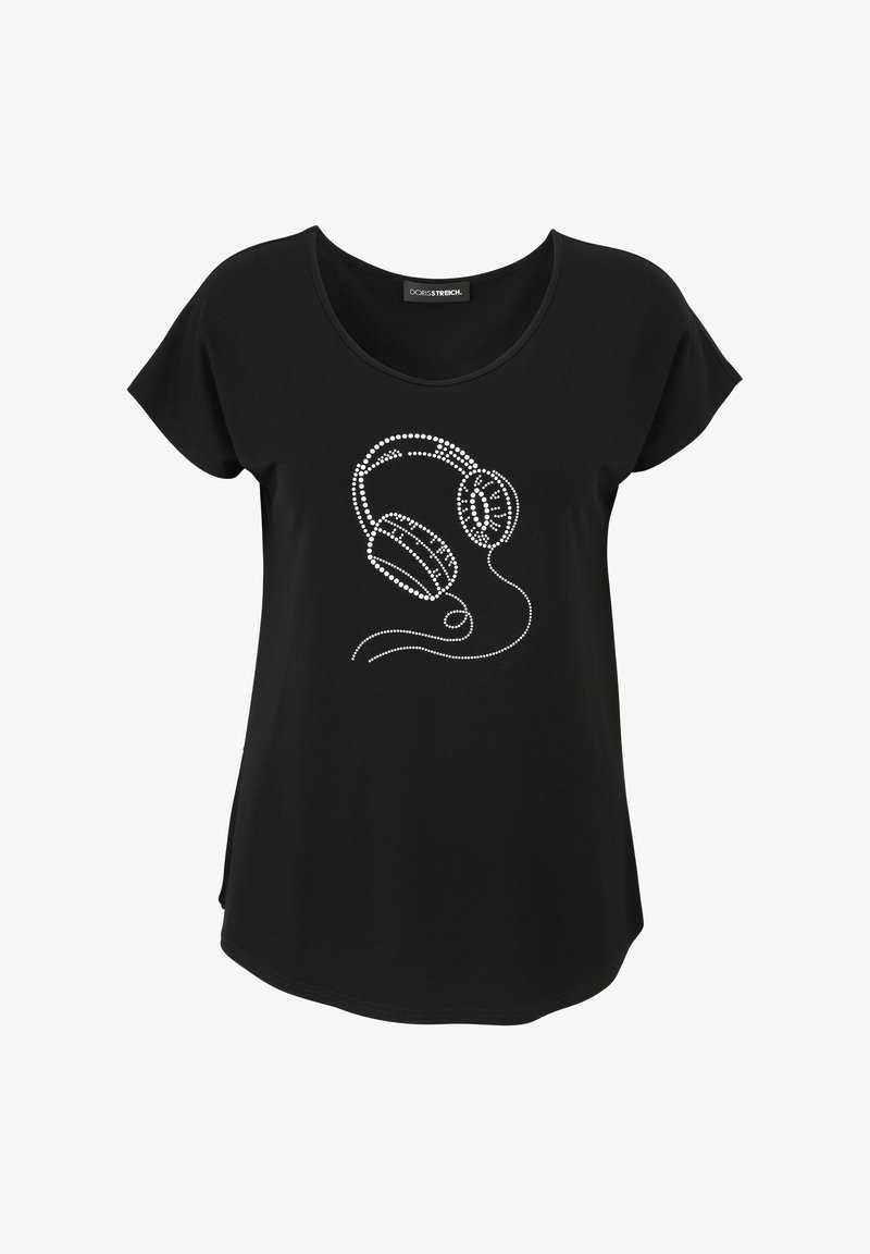 Black short-sleeve t-shirt featuring a white rhinestone graphic of headphones and wire, relaxed fit with a round neckline.