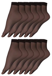 Medias en un paquete de diez, material marrón translúcido, textura suave, con un borde ondulado en la cintura, diseñadas para un ajuste cómodo.