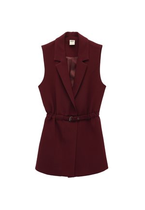 Sleeveless, dark red blazer-style vest with lapels and a matching belt at the waist, displayed on a white background.