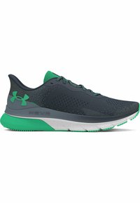 Zapatilla deportiva para hombre en gris oscuro y verde, con una parte superior de malla transpirable, collar acolchado y suela acolchada con tracción texturizada.