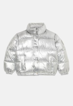 Silver puffer jacket with a high collar, quilted pattern, elastic cuffs, and a front pocket. Made from shiny, lightweight material.
