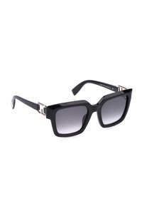 Lunettes de soleil carrées noires oversize avec verres foncés dégradés et accents métalliques aux charnières des branches.