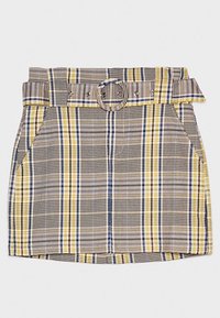 Kostkovaná minisukně v žlutých, modrých a šedých odstínech, s opaskem v pase, dvěma předními kapsami a texturovanou tkaninou.