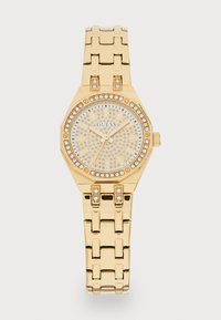 Gold stainless steel watch with octagonal case, textured silver dial, crystal accents, and a linked bracelet strap. Brand logo displayed.