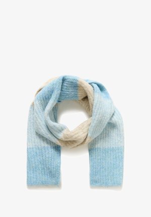 Helles blaues und beiges Schal aus weichem, strukturiertem Material mit einem gerippten Muster, das einen Ombre-Effekt von dunkelblau zu hellblau zeigt.