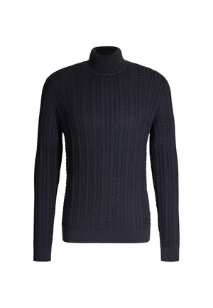 Maglione a collo alto blu navy con un motivo a trecce testurizzato, con polsini e orlo a coste, realizzato in un tessuto morbido e resistente.