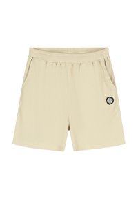 Beige gebreide shorts met een elastische tailleband, zijzakken en een zwart logo-opdruk op de onderkant van het rechterbeen. Gelaagde stof, rechte snit.