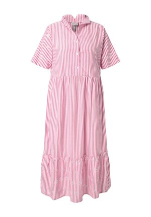 Rosa-weiß gestreiftes Kleid mit kurzen Ärmeln, Knopfleiste vorne, geraffter Taille und bestickten Blumenmotiven an Ärmeln und Saum.