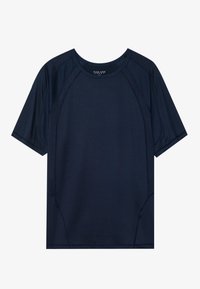 Marineblaue Sport-T-Shirt mit kurzen Raglanärmeln, glatter Textur, rundem Halsausschnitt und dezenten Nähten an den Seiten.