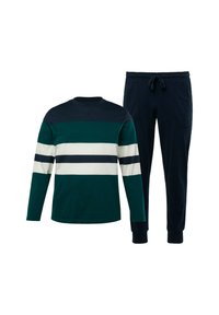Ensemble de vêtements d'intérieur pour homme comprenant une chemise à rayures vertes à manches longues et un pantalon de jogging bleu marine avec poches latérales et taille élastique.
