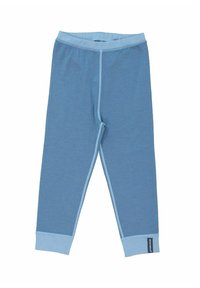 Blå bomulds leggings med en blød tekstur, der har en kontrasterende lyseblå talje og manchetter samt et side-mærke til branding.