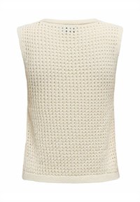 Light beige sleeveless top with a knitted pattern, featuring small holes throughout, round neck, and a straight hem. Ideal for layering.