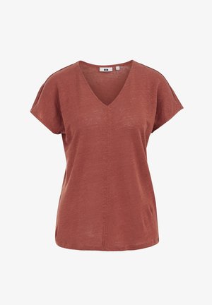 Bluză pentru femei de culoarea ruginii, cu mâneci scurte și decolteu în V, cu croială lejeră și un detaliu subtil cu cusătură verticală pe mijlocul frontal.