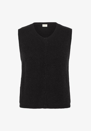 Svart ärmlös cardigan med V-ringning, texturerad stickad mönster och fem knappar fram. Mjuk material med en avslappnad passform.