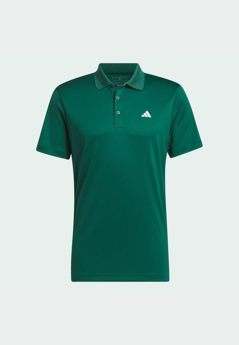 Grünes Poloshirt aus glattem Stoff, mit klassischem Kragen, drei Knöpfen und einem weißen Logo auf der linken Brust.
