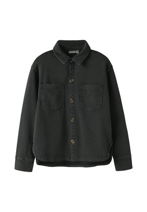 Schwarze Denim-Hemdenjacke mit Kragen, zwei Brusttaschen und geradem Saum. Verfügt über braune Knöpfe und eine weiche, strukturierte Oberfläche.
