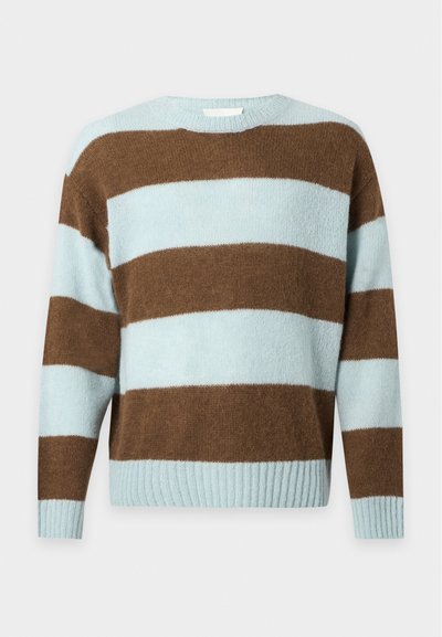 Pull en maille à manches longues avec de larges rayures horizontales bleu clair et marron, avec poignets et bas côtelés.