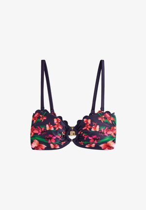 Haut de bikini bleu marine à motifs floraux avec des fleurs roses et rouges, bretelles réglables, bords festonnés et fermeture à clip doré à l'avant.