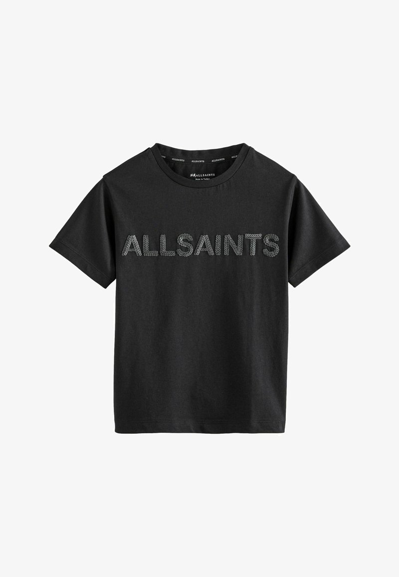 Juodas medvilnės marškinėliai su apvalia iškirpte ir trumpomis rankovėmis, priekyje tekstūruotomis raidėmis užrašyta "ALLSAINTS".