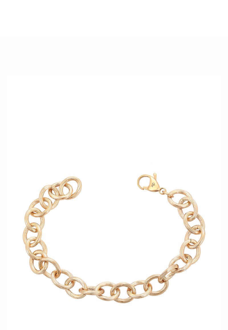 Bracciale in oro con anelli ovali texture e chiusura a moschettone su sfondo bianco.