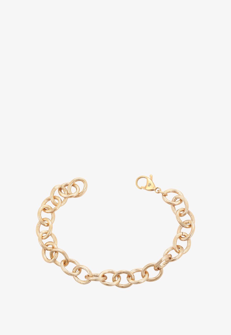 Arany lánc karkötő texturált ovális szemekkel és homárcsattal, fehér háttéren.