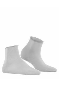 Grå ankelstrumpor gjorda av ett mjukt, elastiskt material med ribbat manschett. Har en sömlös tådesign för ökad komfort.