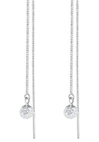 Pendientes de cadena de plata con un brillante colgante de cristal redondo. El diseño incluye un gancho de bucle y un acento de barra delgada.