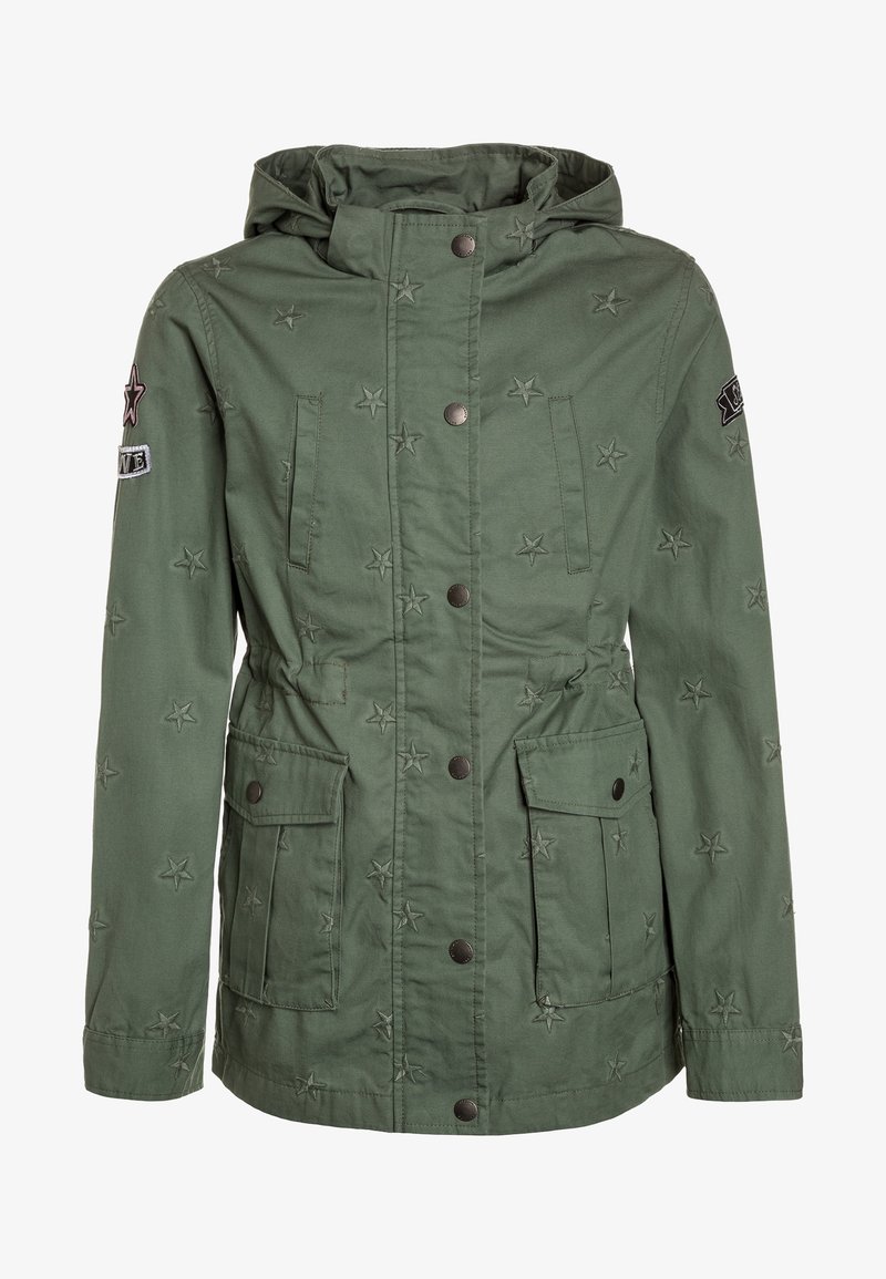 Veste vert olive avec broderie d'étoiles, capuche, fermeture à boutons et deux poches avant, fabriquée en coton doux et texturé.