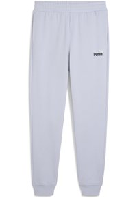 Hellgraue Jogginghose aus weichem Material, mit elastischem Bund, seitlichen Taschen und einem kleinen schwarzen Puma-Logo am linken Oberschenkel.