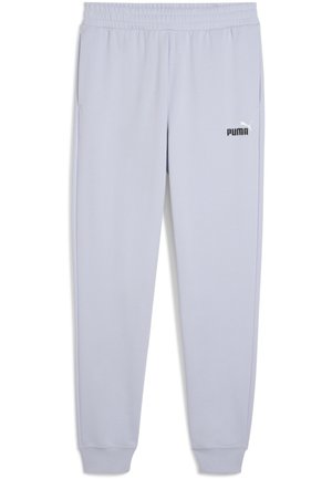 Světlé šedé tepláky vyrobené z měkké tkaniny, s elastickým pasem, postranními kapsami a malým černým logem Puma na levém stehně.