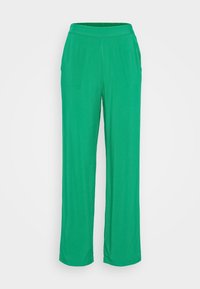 Zelené široké kalhoty z měkké tkaniny, s elastickým pasem a bočními kapsami. Hladká textura se jednobarevným designem.