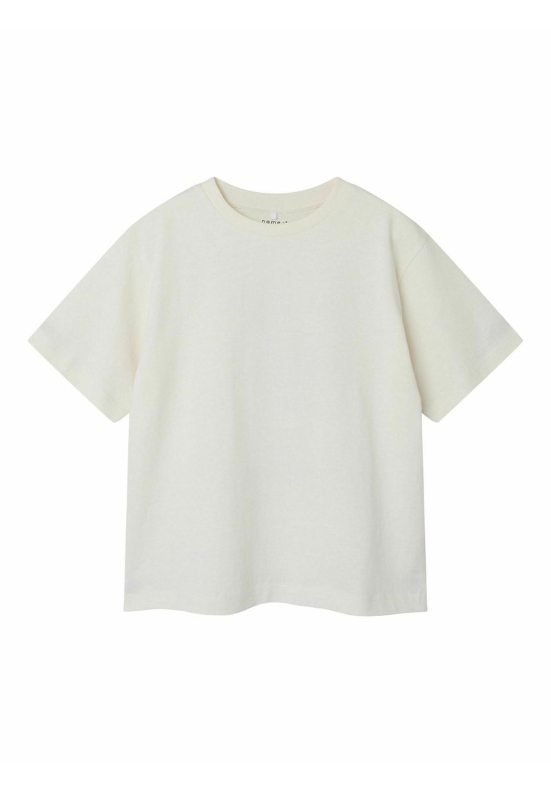Weißes Baumwoll-T-Shirt mit kurzen Ärmeln, Rundhalsausschnitt und lockerer Passform. Glatte Textur ohne sichtbare Muster oder Details.