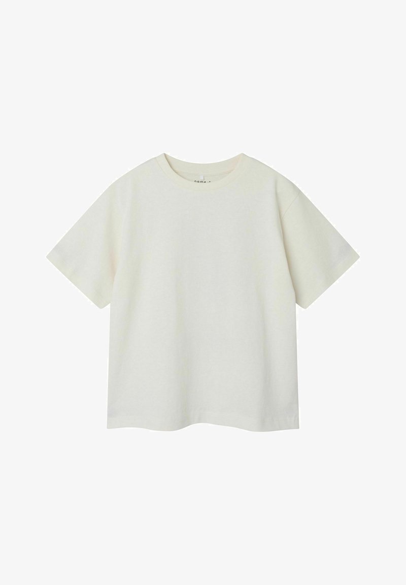 White cotton t-shirt with short sleeves, round neckline, and a relaxed fit. Smooth texture with no visible patterns or detailing.