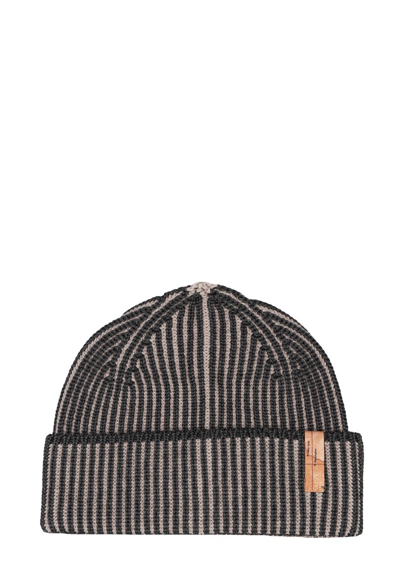 Cappellino lavorato a maglia a righe grigie e beige, con orlo pieghevole e piccola etichetta in pelle. Tessuto strutturato e design con cima arrotondata.