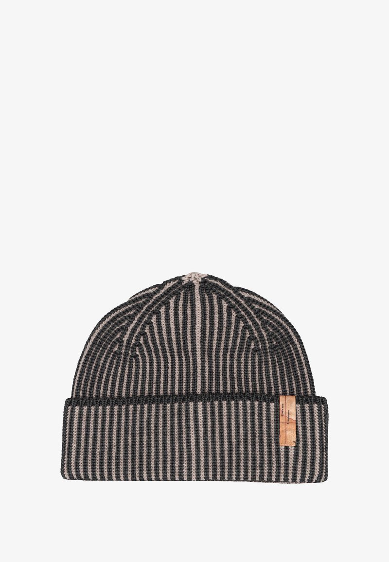 Cappellino lavorato a maglia a righe grigie e beige, con orlo pieghevole e piccola etichetta in pelle. Tessuto strutturato e design con cima arrotondata.