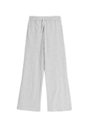 Jasnoszare, dzianinowe spodnie o szerokich nogawkach, z elastycznym pasem i troczkiem, posiadające boczne kieszenie.